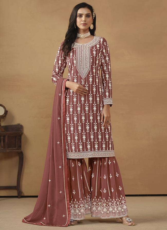 Faux Georgette Light Brown Wedding Wear Embroidery Work Sharara Suit